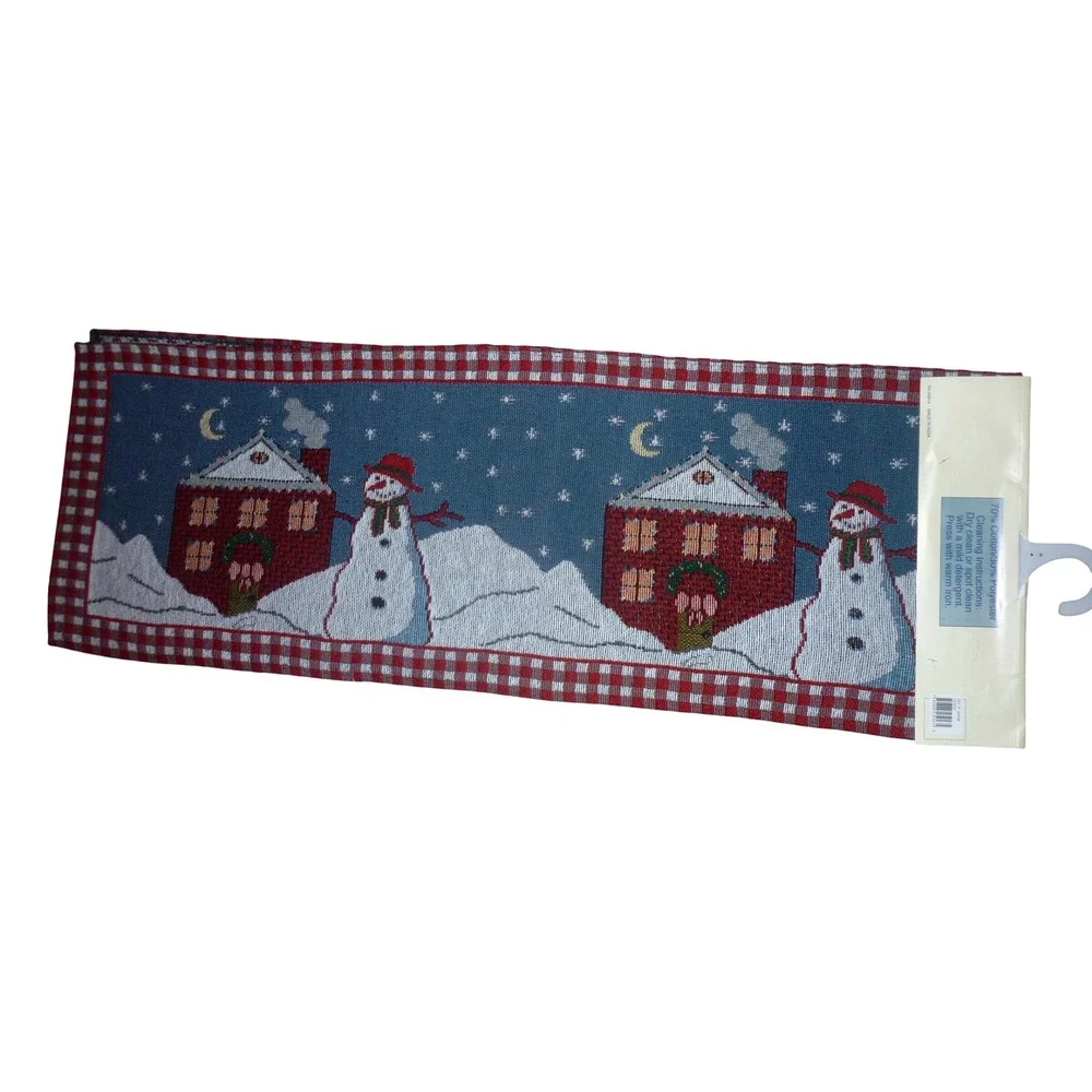 Christmas Snowman Tapestry Table Runner Winter Village Red Gingham 13x72 NEW
